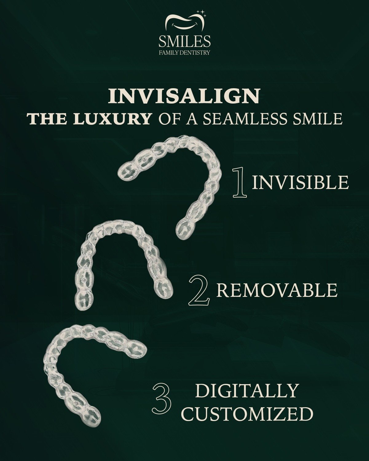 Invisalign clear aligners shown as invisible, removable and digitally customised